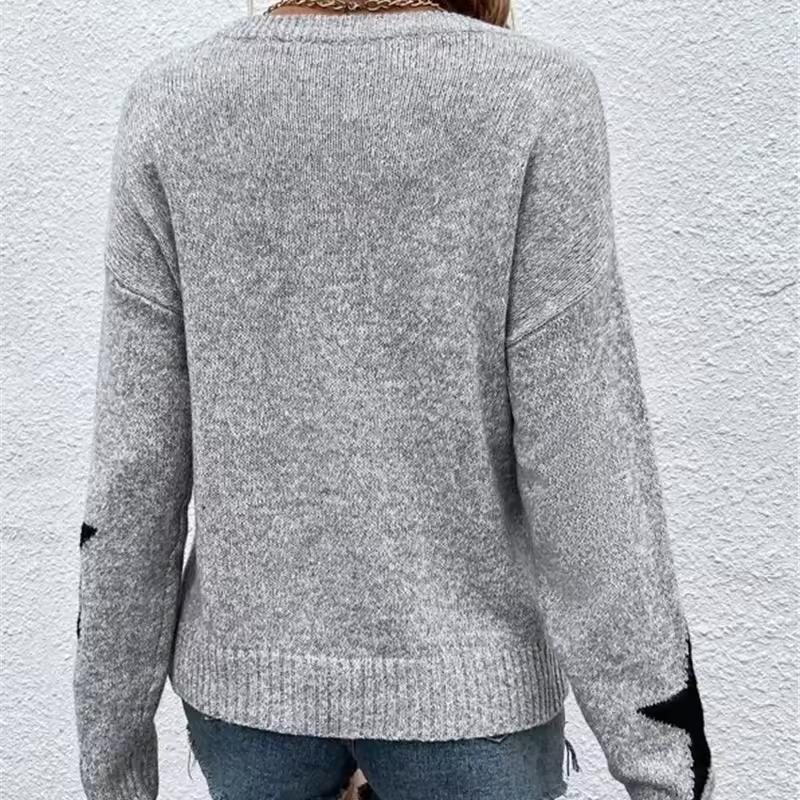 Women Sweaters Print Knit Long Sleeve Round Neck Spliced Top Pullovers Jumpers Straight Elegant Lady Casual Autumn