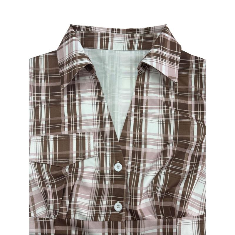 Women Plaid Print Button Down Shirt Short Sleeve Slim Fit Casual Blouse