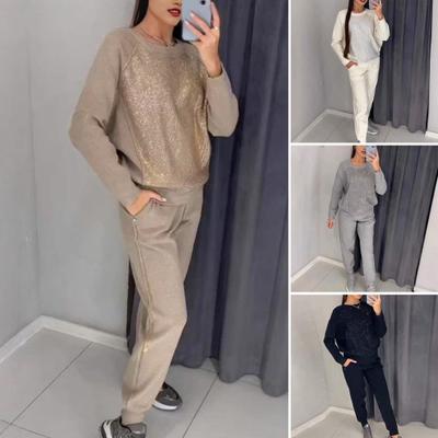 2 Pcs/Set Women Top Pants Suit Rhinestone Decor O Neck Long Sleeves Patchwork Sport Sweatshirt Elastic Waist Trousers Fitness Outfit