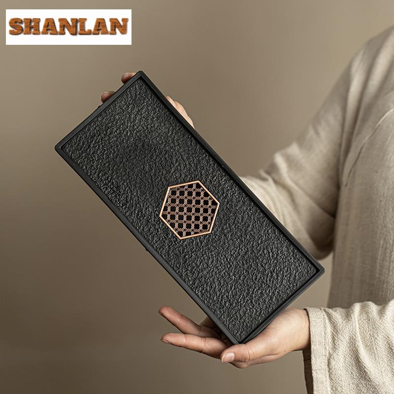 400ml Antique Ebony Porcelain Stone Small Tea Tray Rectangular Water Storage Dry Brew Table Tea Tray Tea Board Tea Ceremony