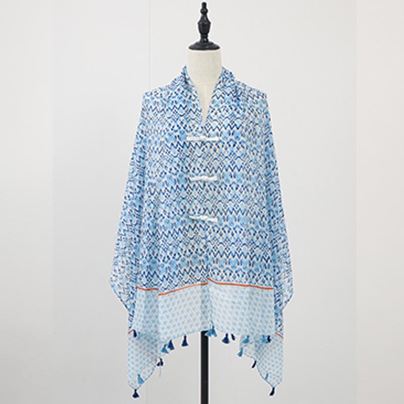 "Summer Ethnic Style Cotton-Linen Shawl: Handmade Retro Button Sunscreen Beach Cover-Up"