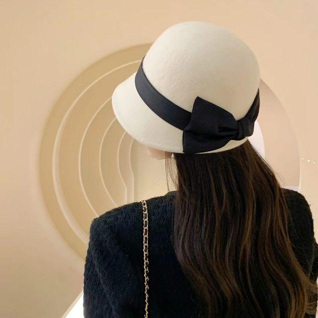 Japanese woolen top hat women's autumn and winter retro Hepburn style small edge basin hat elegant women's bow bucket hat