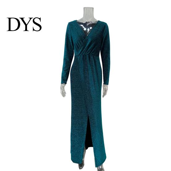 A-Linie Silhouette Cocktailkleid Damen Abend Deep V-Ausschnitt Pailletten-Dekor Lange Ärmel Elastische Taille Plissiert Hohe Absätze Kombinieren Geschlitzter Saum Uni
