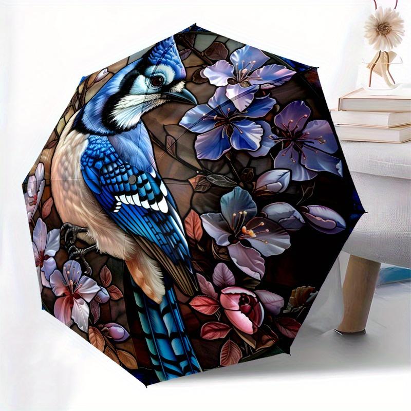 Stained Glass Blue Jay with Flowers Wall Art Decor Umbrella, Cute Umbrella with Cute Design, Portable 3-Fold Compact Umbrella for Men & Women, Valenti