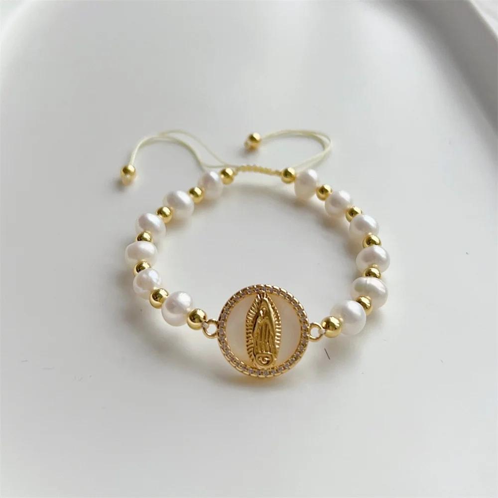 Natural Pearl Bracelet For Women Fashion Virgin Mary Guadalupe Jewelry 18 K Gold Plated Waterproof Bracelets Pulseras
