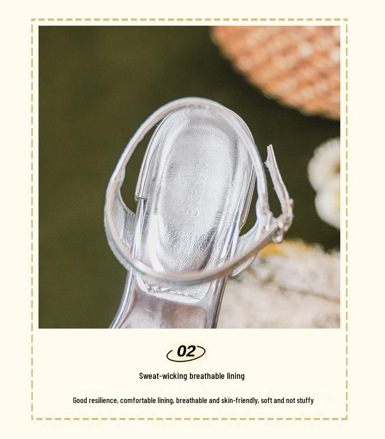 2024 Silver Glitter Chunky Heel Sandals with Bow and Pearl Strap - Women's High-End Rhinestone Shoes