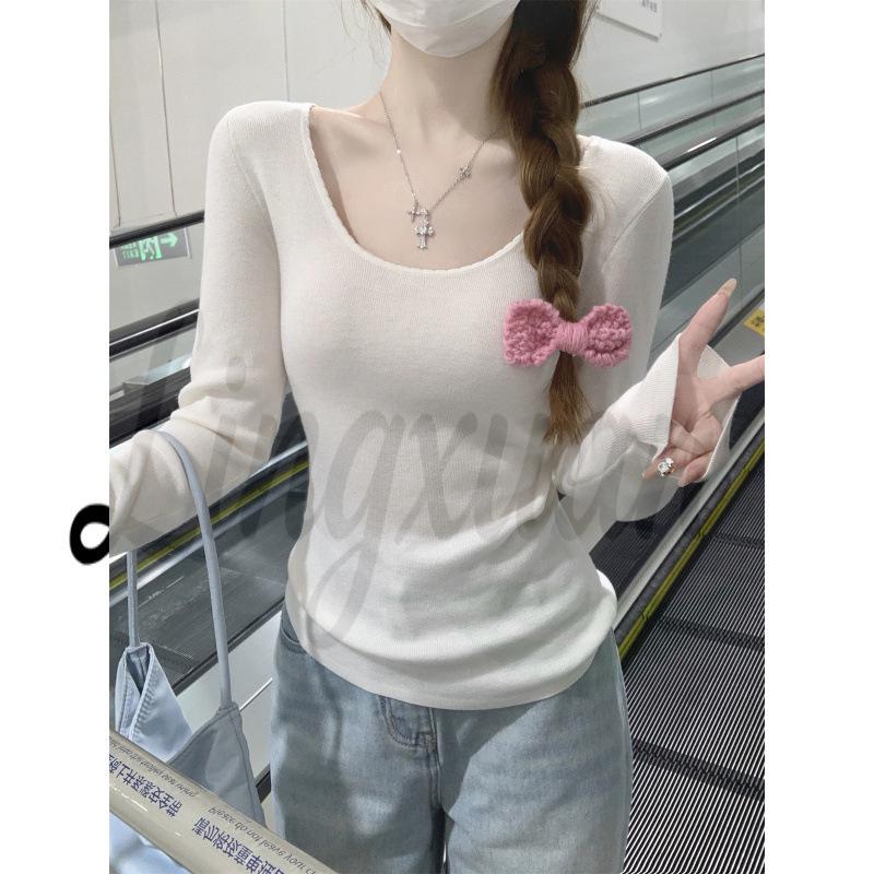 Spring Korean U-Neck Wool Blend Knit Top - Slim Fit, Solid Color One Size