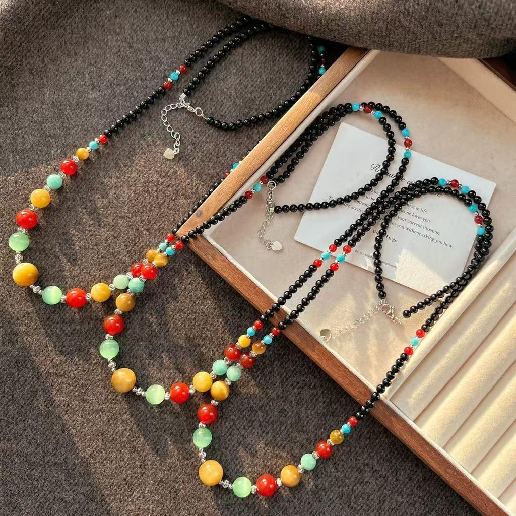 Retro Natürlicher Schwarzer Achat Tigerauge Stein Chalcedon Künstliches Grünes Katzenauge Schlüsselbein Kette Halskette Pullover Kette