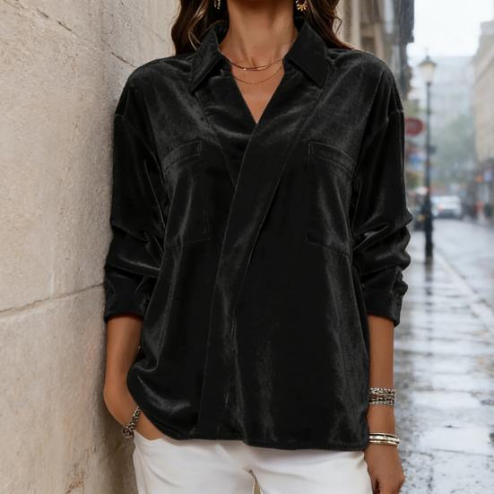 Damenhemd Revers Langarm Samttextur Einfarbig Pullover Tops Lockere Passform Pendler-Tops Arbeit Party Büro Freizeitkleidung