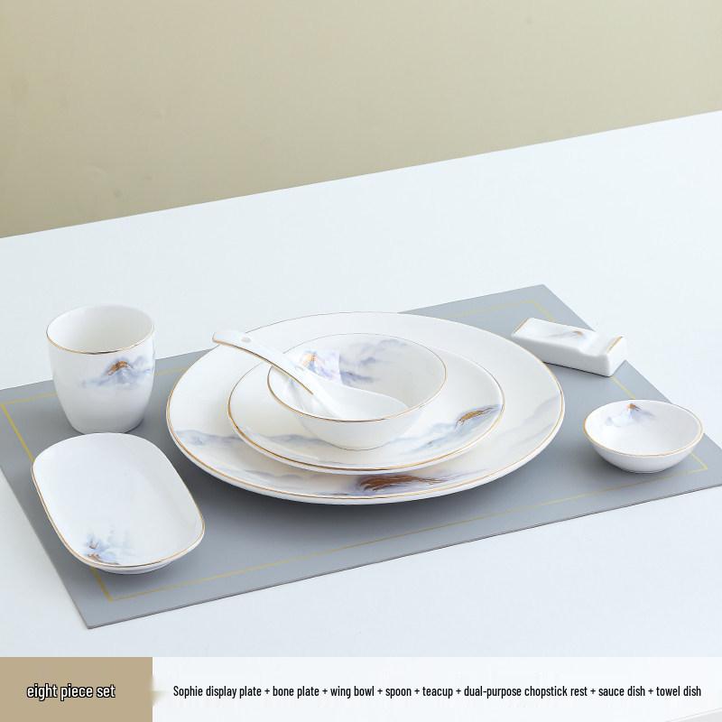 Hotel & Restaurant Gold Rim Ceramic Dinnerware Set - Plates, Bowls, Chopsticks, Spoon (4-Piece)