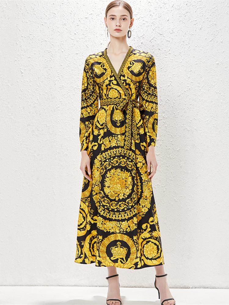 

Модельер Винтаж Барокко Принт Длинное Макси Взлетно-посадочная полоса Платье Женские V-образным Вырезом С Длинным Рукавом Wrap Зашнуровать Цветок Золото Элегантные Бальные Платья