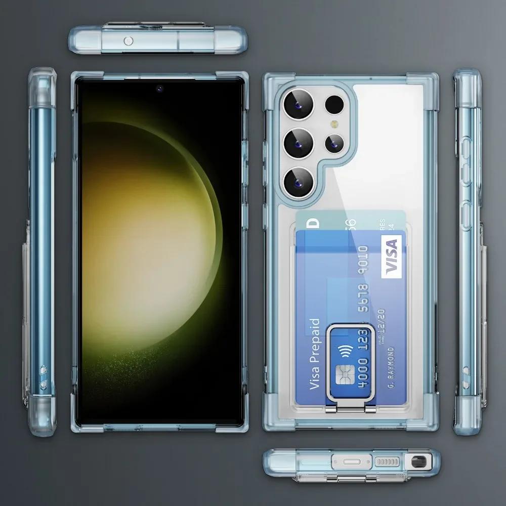 Shockproof Acrylic Card Holder Clear Phone Case for Samsung  S24 Ultra S23 Plus S22 S21Ultra Note 20 Metal Kicstand Bumper Cover