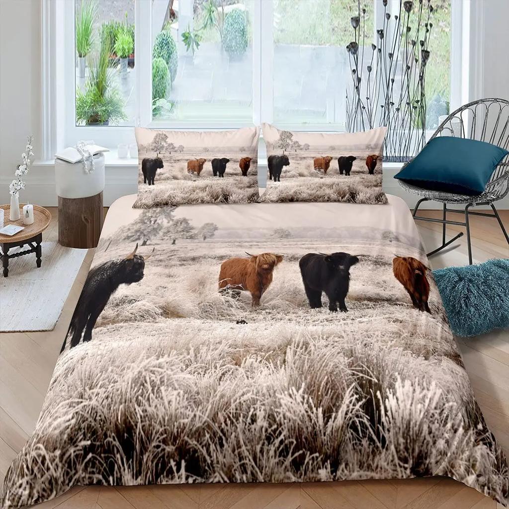 Cartoon Highland Cow Duvet Cover Set Western Animal Bedding Set 3D Ocean Bull Cattle Comforter Cover Floral Branches Quilt Cover