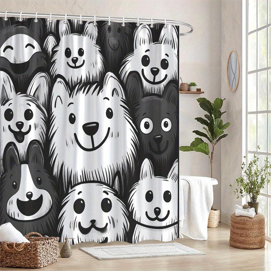 1 Whimsical Cartoon Dog Face Shower Curtain - Expressive Black And White Design, Polyester Fabric With Hooks, Machine Washable