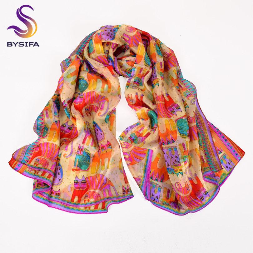 [Bysifa] Echter Seidenschal Cartoon-Katzen-Design Foulard Femme Lange Schals Frühling Herbst Damen Hijab-Schals Sommer Strandtuch