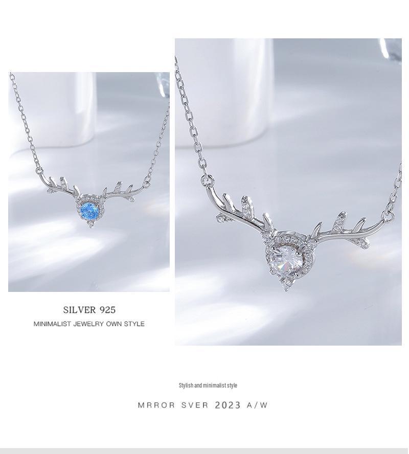 Korean Japanese Style Sterling Silver Elk Antler Necklace for Women - Simple, Sweet, and Fashionable Collarbone Chain Jewelry