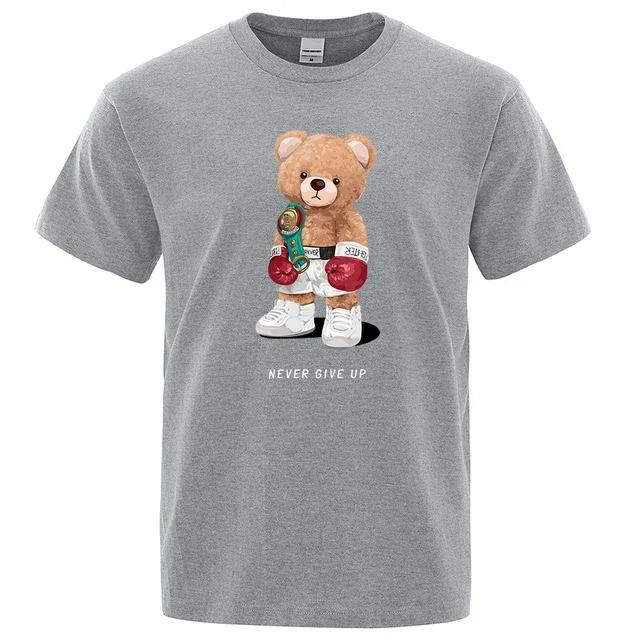 strong Boxer Teddy Bear Never Give Up Print Funny T-Shirt Men Cotton Casual Short Sleeves Loose Oversize S-XXXL Tee Clothing