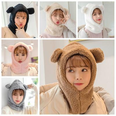 Windproof Bear Ear Hat Scarf Cute Plush Hat Scarf Fashion Winter Warm Hedging Cap  Outdoor
