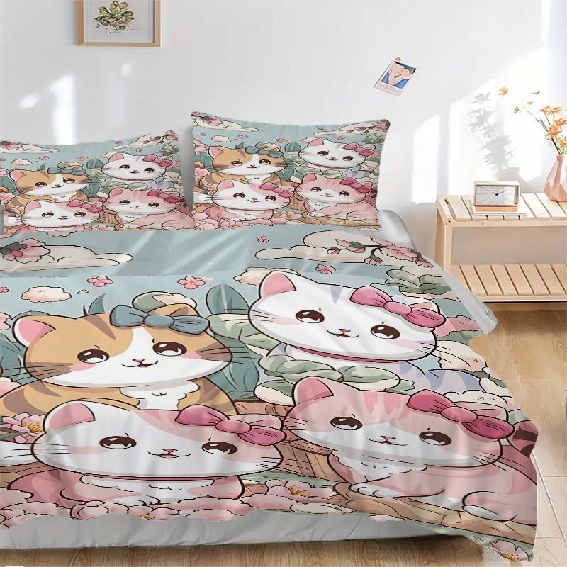 3pcs Cartoon Cute Four Kittens Printed Duvet Cover Set (1 * Cover+2 * Pillowcase, Without Core), Suitable for Home Bedroom, Guest Room, Dormitory
