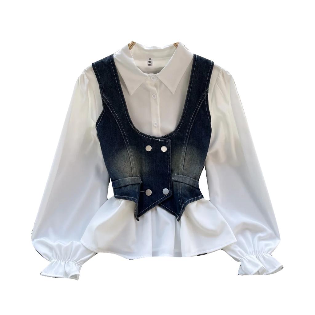 Colete Jeans Retro Chic de Hong Kong Colete Moda Empilhada Versátil Camisas de Manga Curta Bufante Conjunto de Duas Peças Top