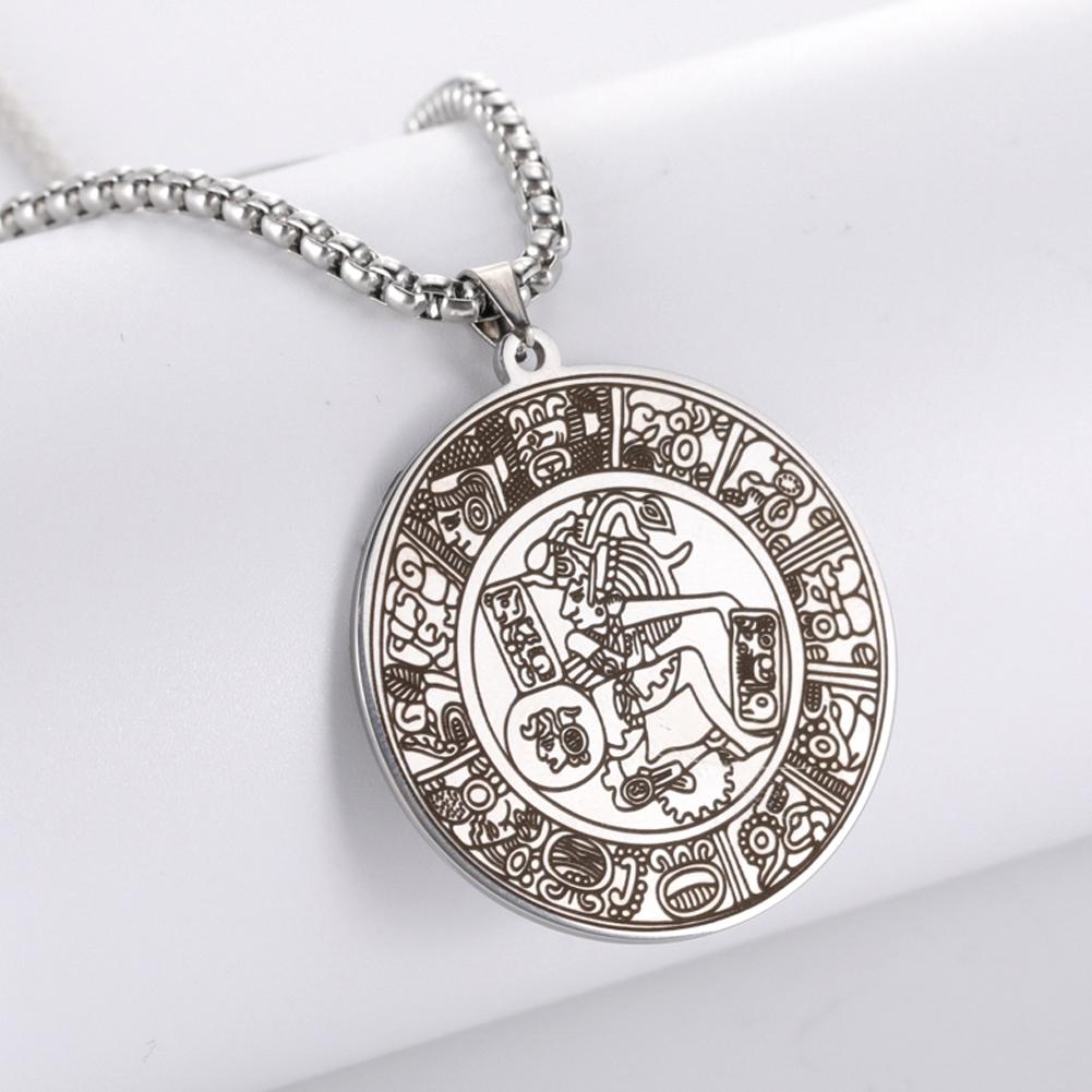 Dawapara Mayan Circle Mexican Hieroglyph(Maya) Pendants Necklace Stainless Steel Men Jewelry Talisman Necklace