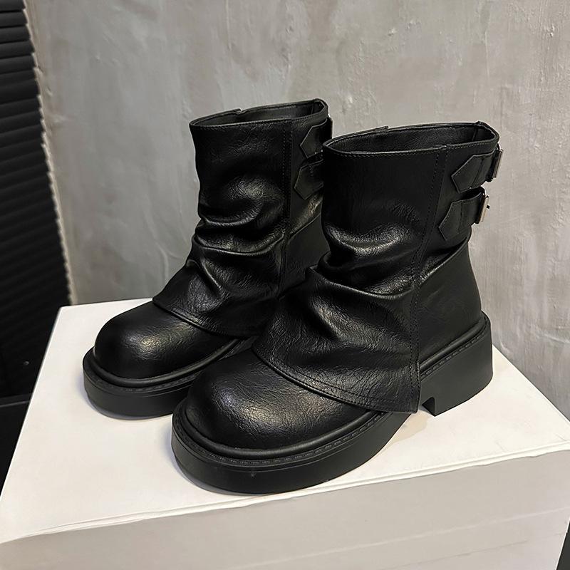 Fashion Autumn Women Boots 2025 Round Toe Chunky Platform Mid Calf Boots Fashion Retro British Style Wedges High Top Boots Botas Mujer