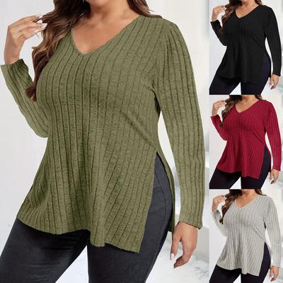 Spring and Autumn Solid Color Plus Size Women's Top V-Neck Long Sleeve Pit Split T-Shirt Slim Pullover