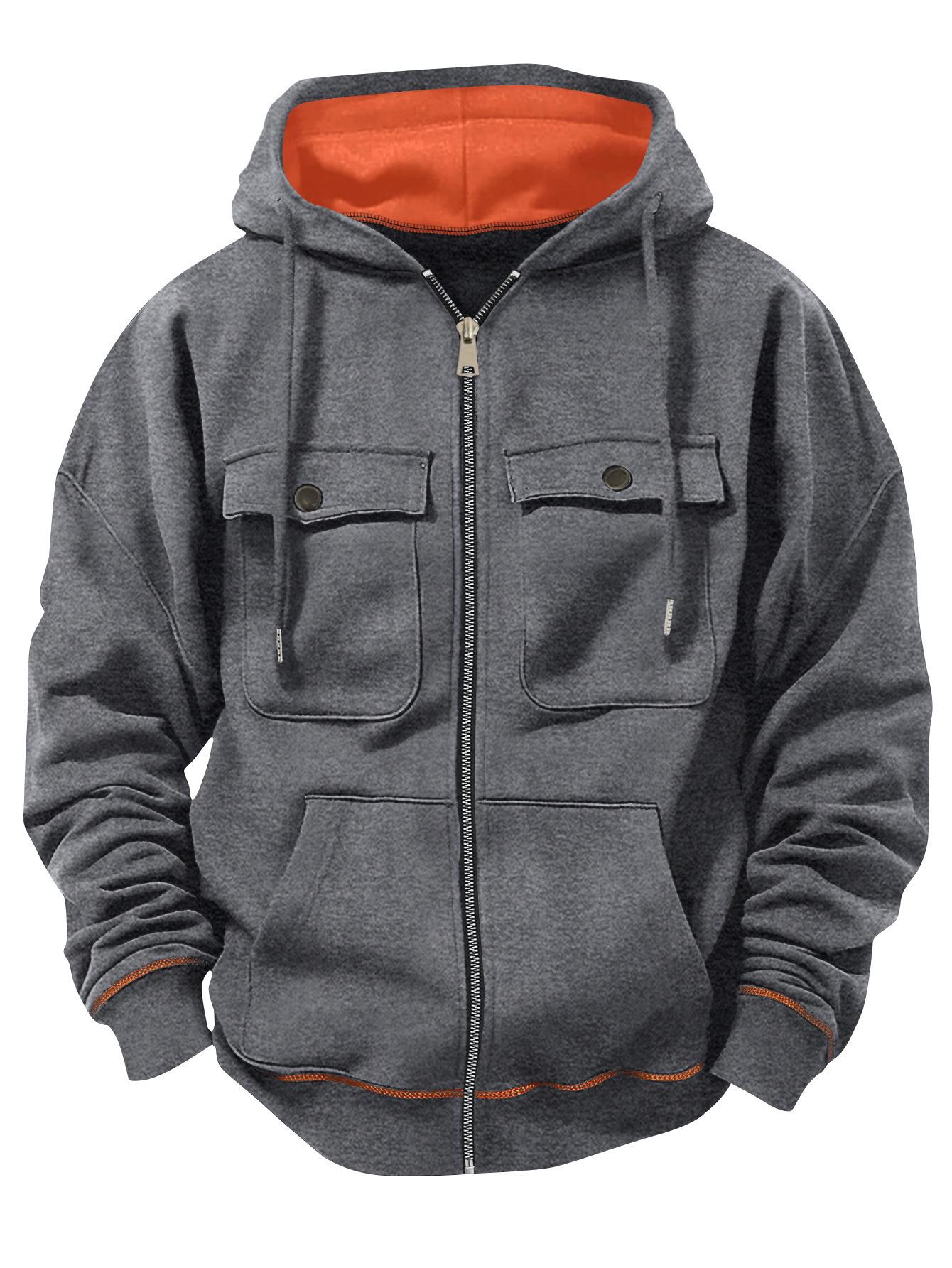 

Men s Winter Hooded Zip-Up Sweatshirt with Double Pockets, European Size, Youth Sports Style S темно-серого
