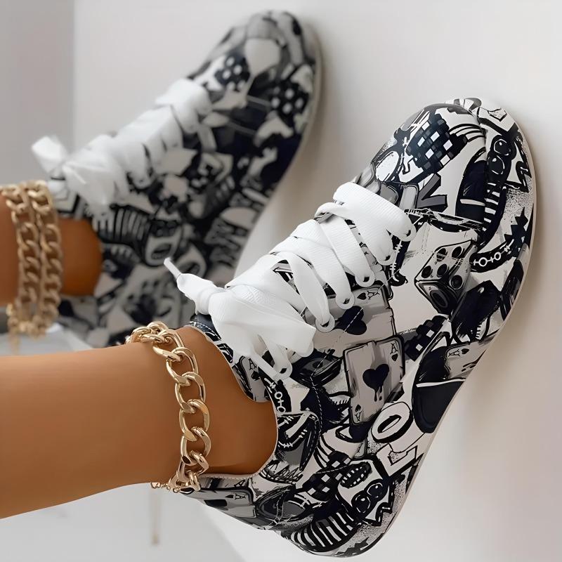 Damen-, Niedrig geschnitten, Freizeitschuhe, Graffiti-Druck, Sportschuhe, Schnürschuhe, Dicksohlig, Board-Schuhe