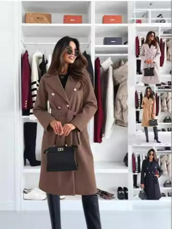 Autumn/Winter Women's Double-Breasted Wool Coat - Simple Fashion Solid Color with Belt