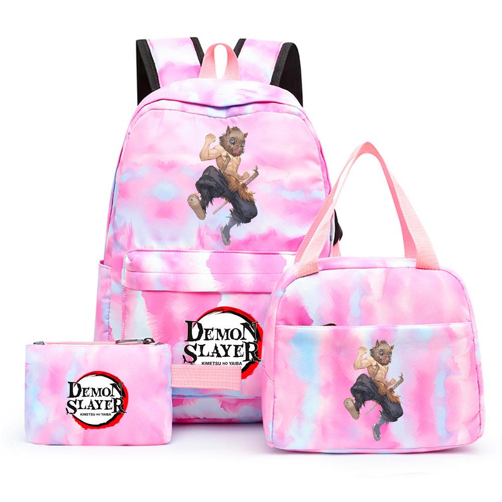3 st/set Anime Demon Slayer Tryckt Ryggsäck med Matlåda Pennfodral för Tonåring Tillbaka till Skolan Stor Kapacitet Vattentät Skolväska Flickpojke Gåva