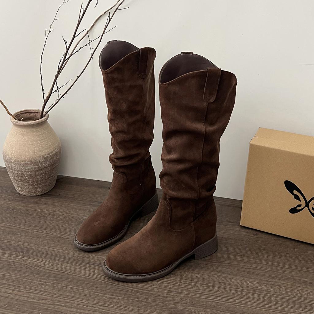Retro fashion V-mouth stacking tall boots women's shoes spring and autumn round head western denim long tube thick heel boots