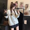 Lazy wind color buckle design cartoon pattern knitted cardigan sweater women's autumn sweet soft waxy loose coat