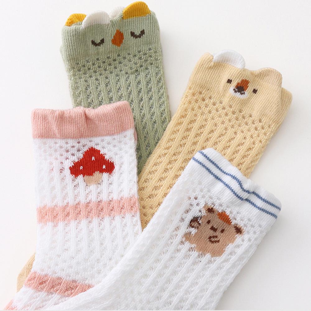 4 Pairs Baby Ultra Thin Mesh Mid Socks Cute Cartoon Animal Embroidery A-Class Soft Elastic Toddler Socks for 0-5 Years Old