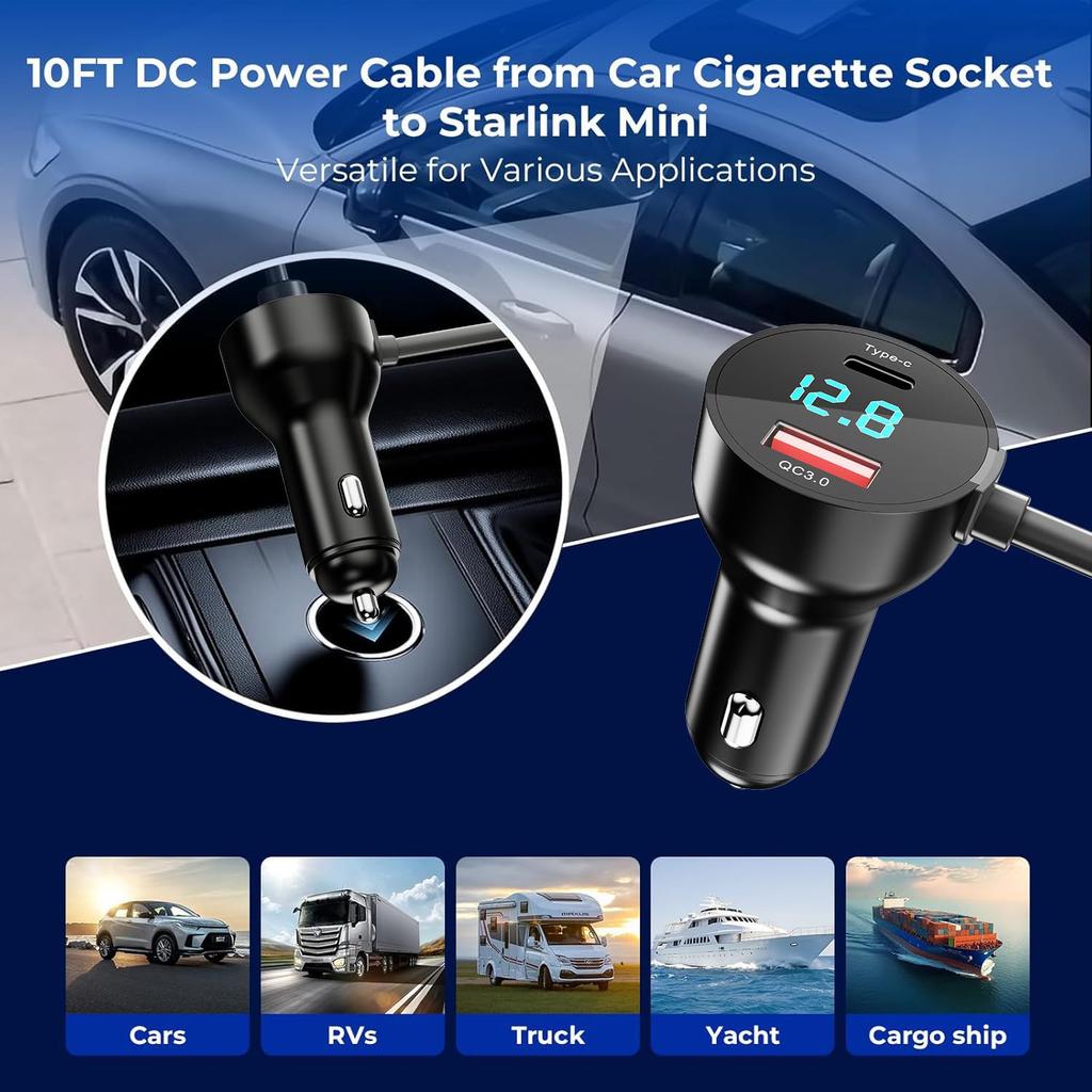 3 in 1 Starlink Mini Cable 10FT, Starlink Mini Car Charger DC Power Cable+Cigarette Lighter Adapter 12V-48V with Digital Display, Durable USB C PD