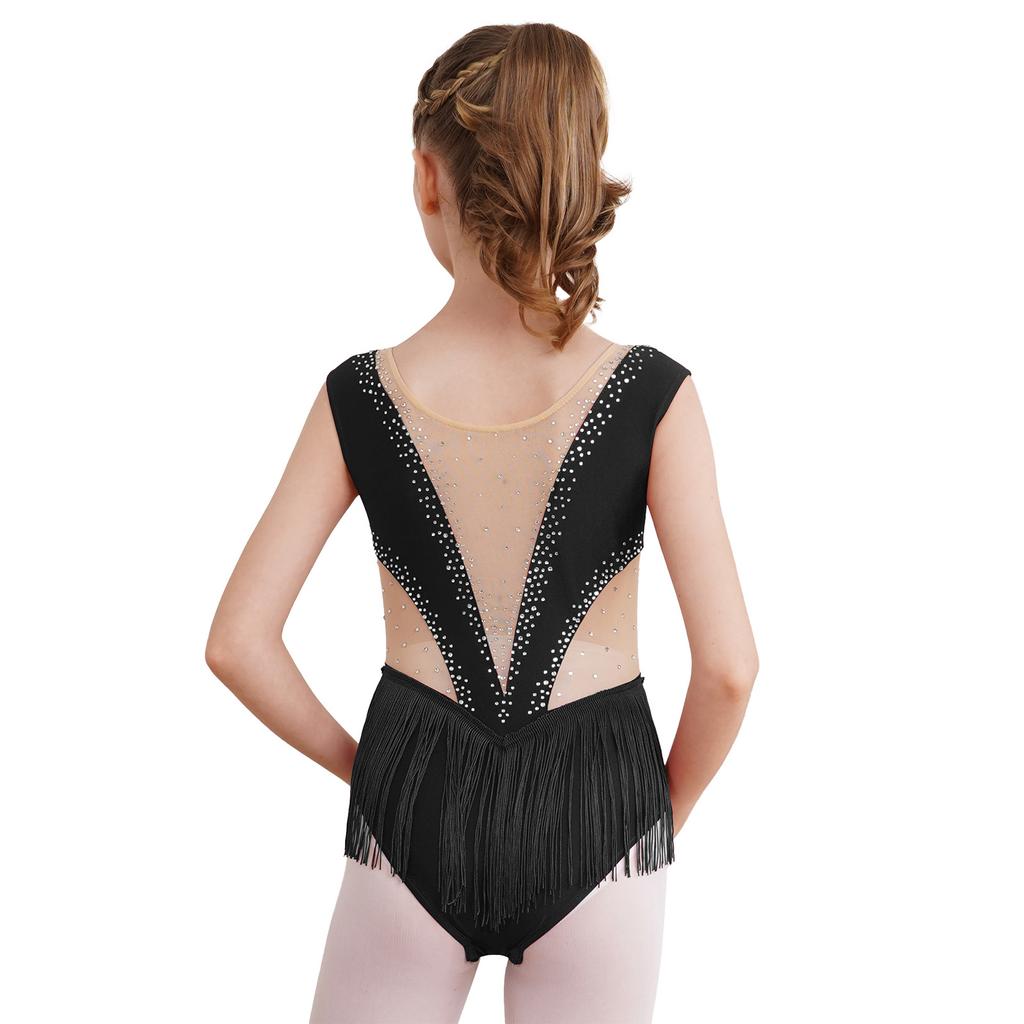 Body da ginnastica da bambina lucido con strass e frange, body in rete trasparente patchwork con nappe, costume da ballo latino e pattinaggio artistico