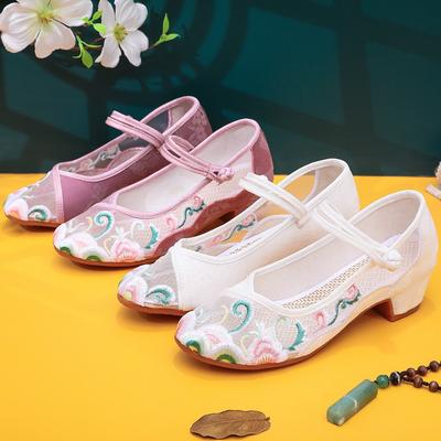 Mesh Fangdian, nuove scarpe con tacco quadrato e cheongsam Hanfu, scarpe singole in stile etnico, scarpe ricamate