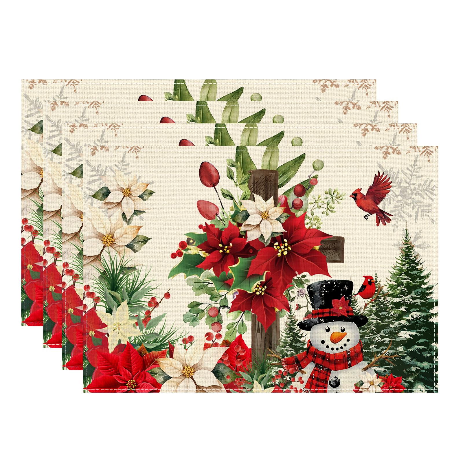 

Snowman Poinsettia Christmas Winter Cross Xmas Placemats Set of 4 Table Mats for Party Home Kitchen Dining Table Decorations 12x18 Inch Placemats Set of 4 （12x18 Inch）