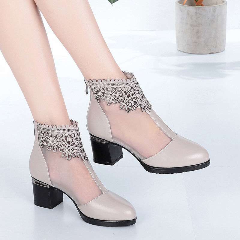 Zapatos de Malla de Cuero Suave para Mujer con Tacones Altos Primavera Verano Nuevos Talla Grande Botas Frescas Zapatos de Madre Bota Individual Estilo Coreano