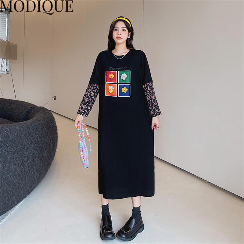 MODIQUE Jesień Plus Size Nowe Długie Sukienki Kobiety Luźne Sukienki w Słodki Nadruk Kwiatowy Kobieta Podstawowe Casual Długi Rękaw Szyty O-Neck Spódnica