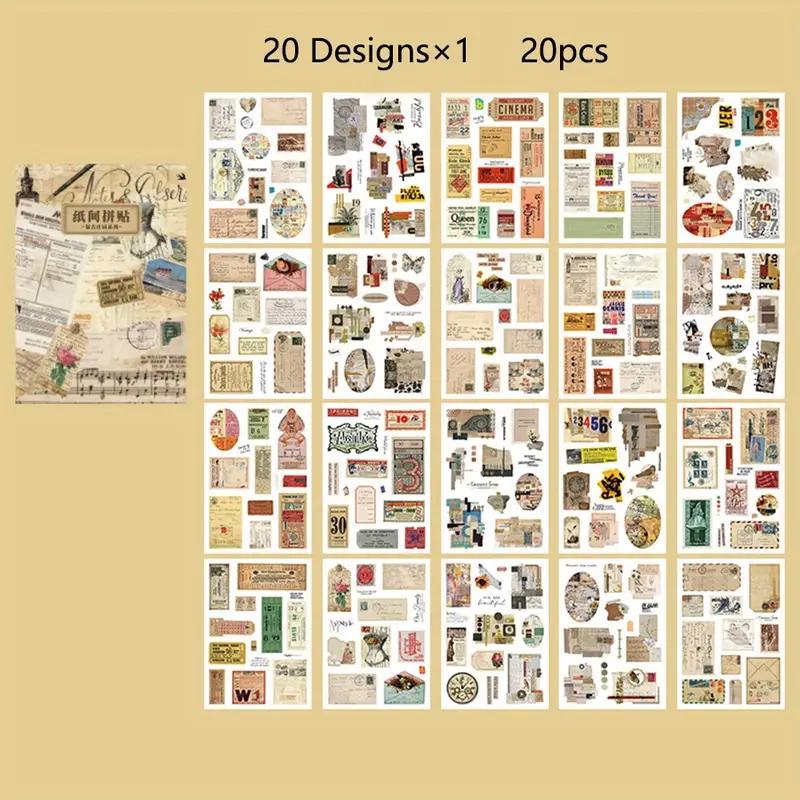 20 Listů Samolepková Kniha, Retro Materiál pro Deník, Samolepky pro DIY Dekoraci, Pro Junk Journal, Dekorativní Podkladové Potřeby, Umělecké Album