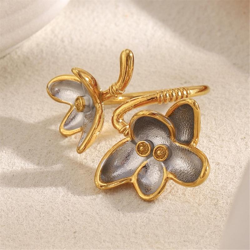 Double Color Floral Adjustable Finger Ring 18K Gold Plated Stainless Steel Fashion Accessory Artistic Open Band Ring
