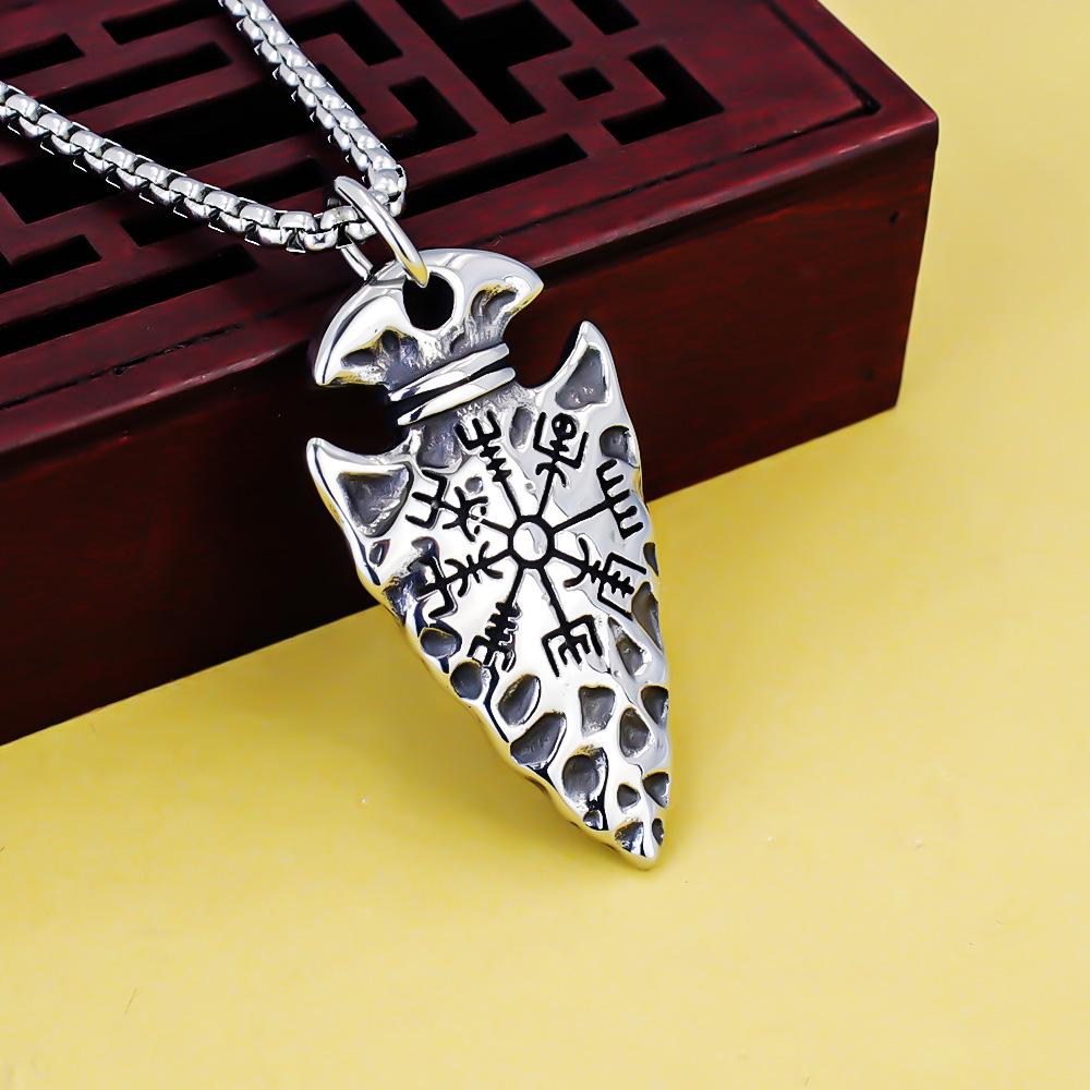 European Viking Titanium Steel Rune Necklace with Stainless Steel Spearhead and Compass Pendant