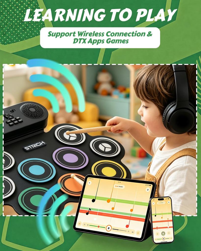 STRICH Electronic Drum 9 MIDI Recording Includes USB and Foot Pedal Kit, Pads, Roll-Up Design, Function, Built-in Speaker, Beginner-Friendly, Sticks,