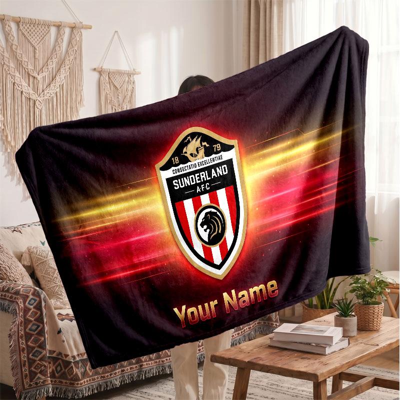 Coperta in Pile Personalizzata Sunderland FC con Logo Calcio, Testo Nome Personalizzato Morbida Calda Coperta da Divano per la Casa