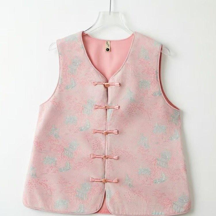 

2026 Jacquard Chinese Style Retro Frog Button Sleeveless Vest L рожевий