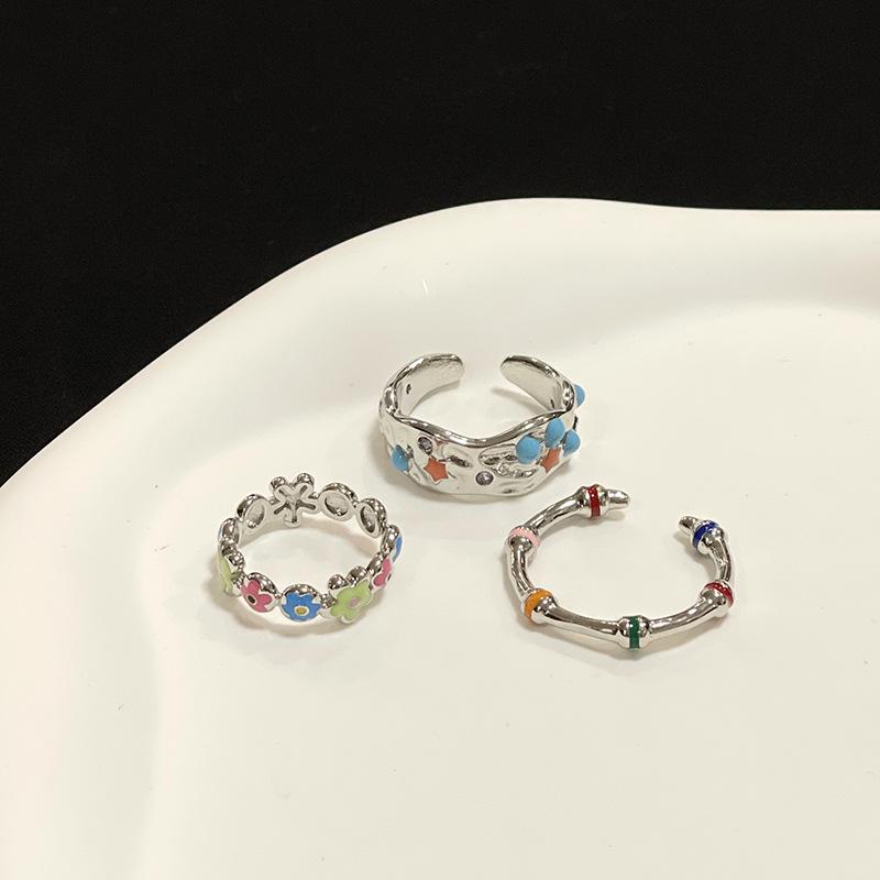 Retro Style Colored Flowers Stars High-End Open Ring Niche Design Ring Adjustable Personalized Hand Jewelry
