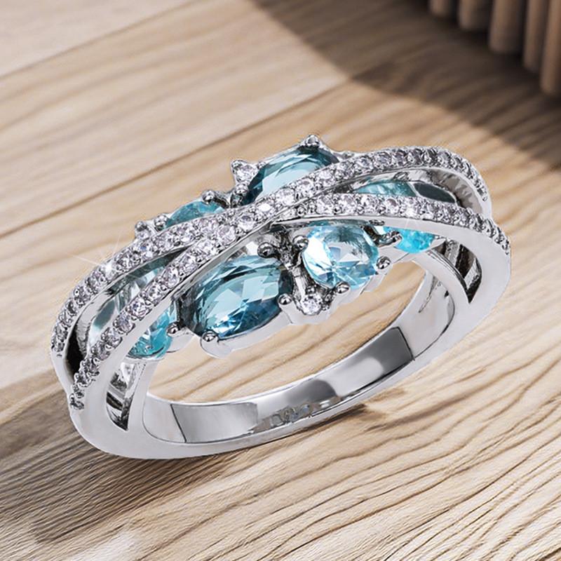 925 Sterling Silver Cross Band with Blue Cubic Zirconia New Women Rings Fashion Design Female Finger Jewelry Gifts