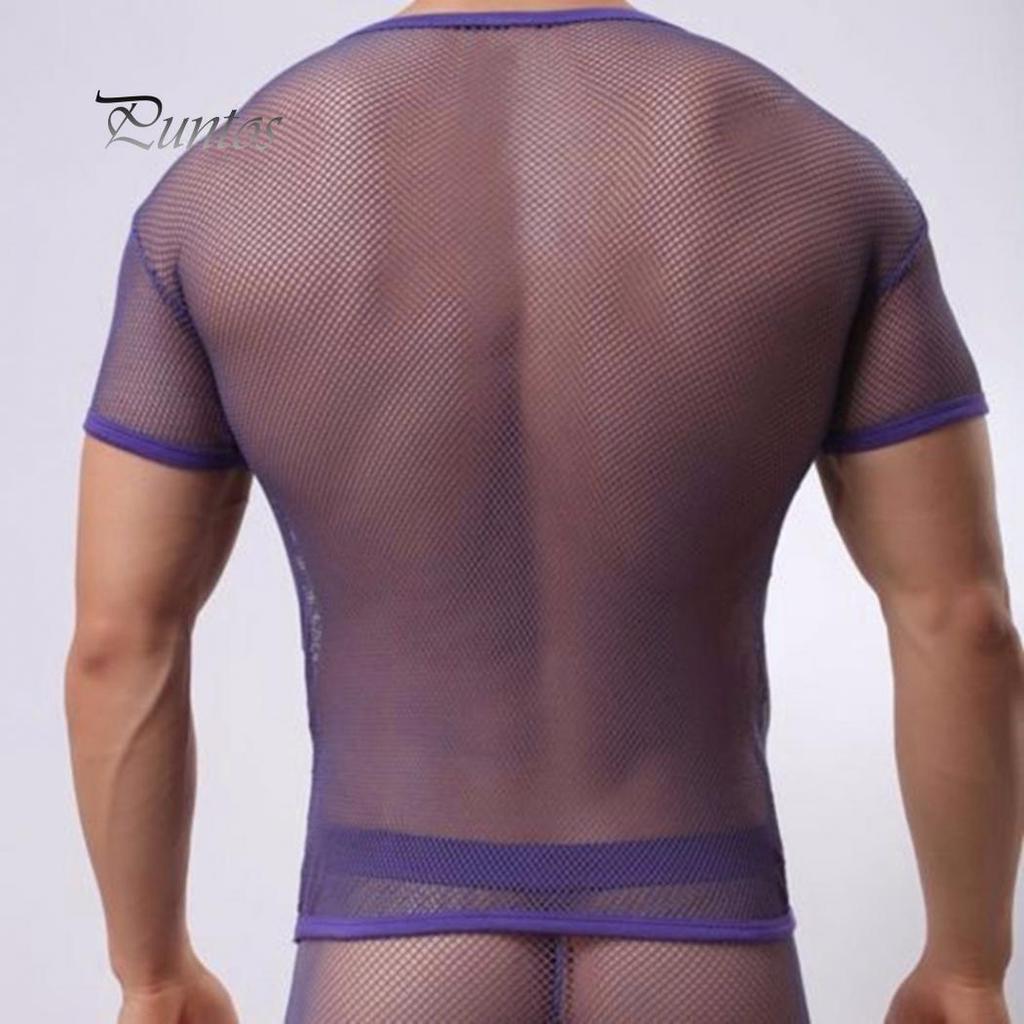 Sexy Men Mesh See Through T-Shirt Fishnet Clubwear Short Sleeve Top Undershirt