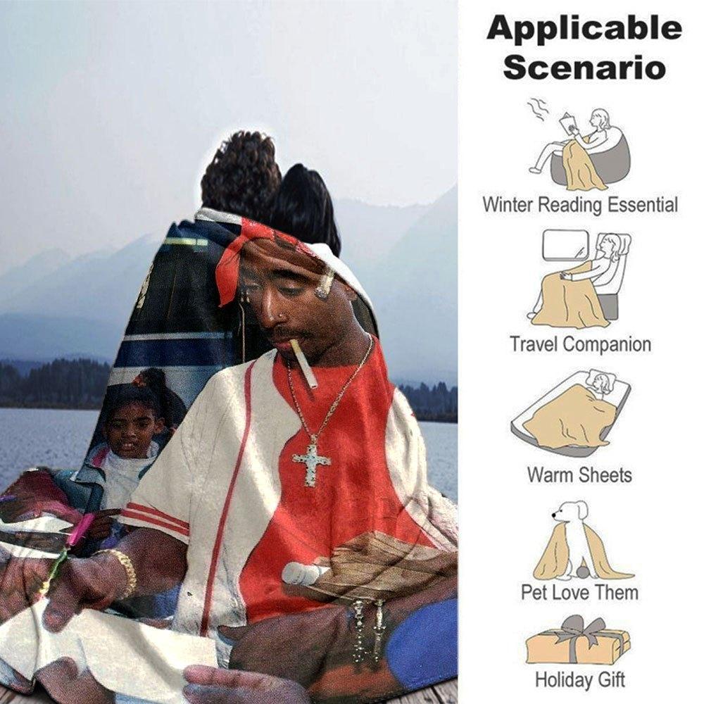 1pc 2PacHip Hop Blanket Soft Lightweight All Season Multi Purpose Throw for Sofa, Bed, Office & Picnics, French Style with Iconic Album Art & Quotes